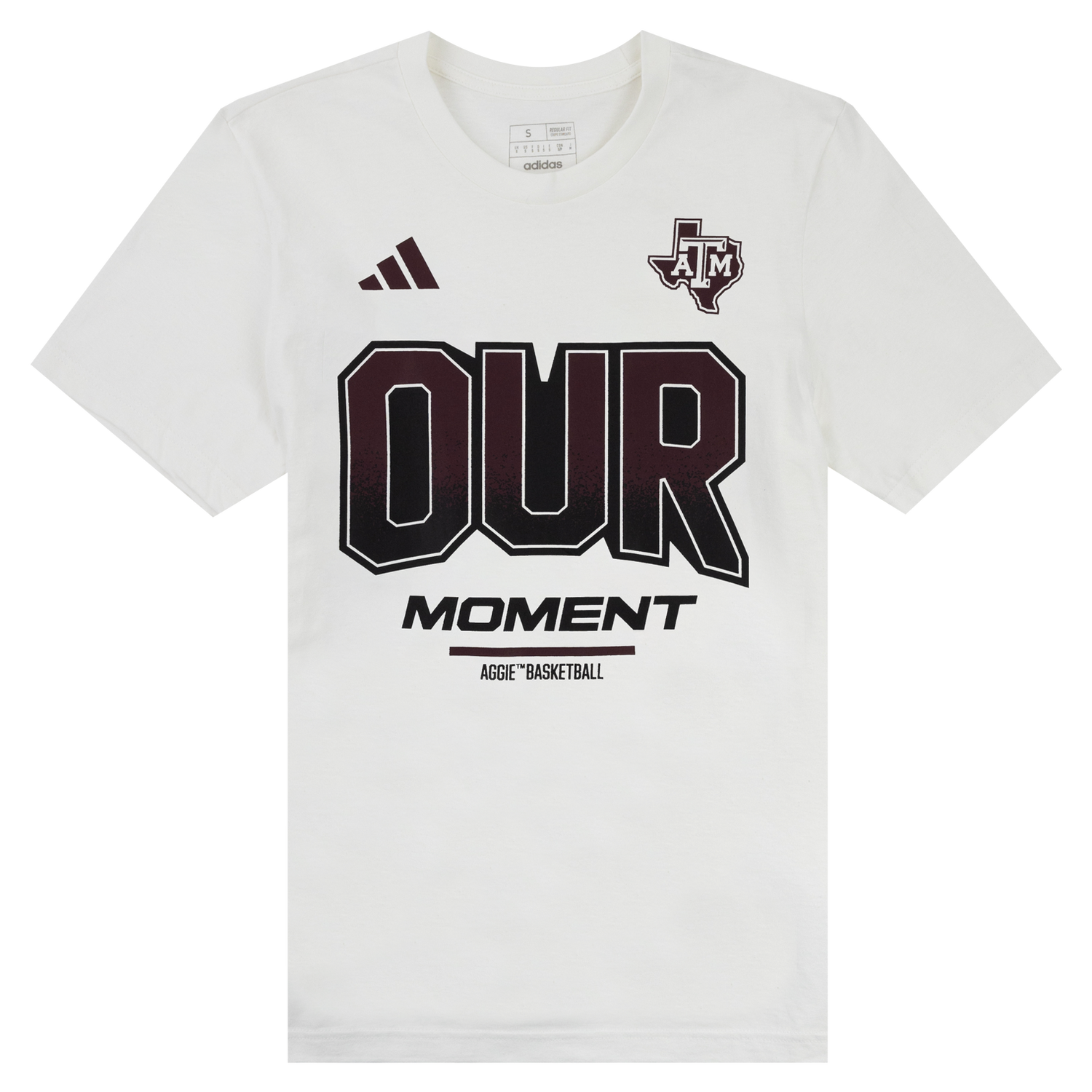 White adidas tshirt. In the top right corner is a maroon adidas logo. In the top left corner there is a maroon Texas logo. 'OUR' is printed in large maroon/black block letters across the front. 'MOMENT' is printed in black block letters below 'OUR'. 