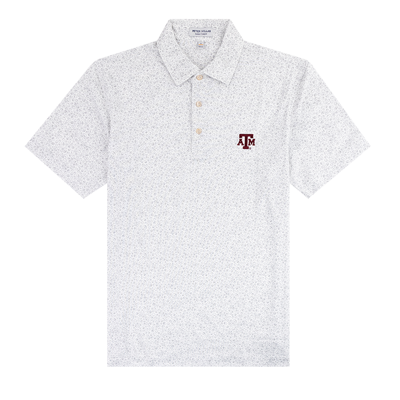 White polo with gray outlines of footballs. Maroon ATM logo on left side of the chest