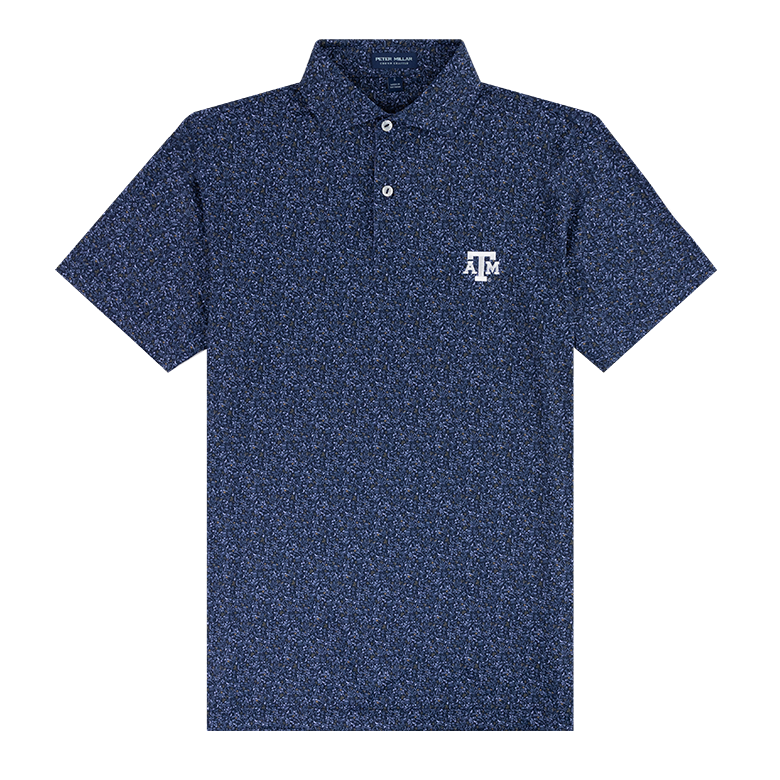 Navy polo with floral and martini design with white ATM logo on the left side of the chest