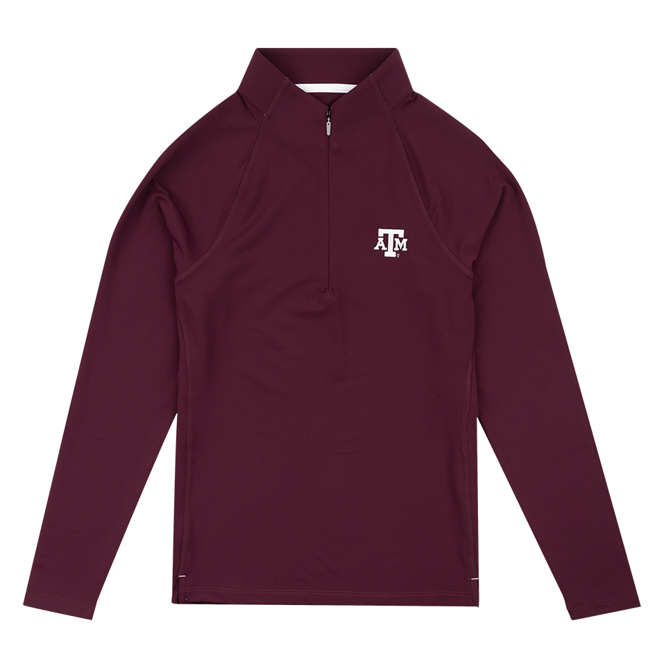 A maroon quarter zip with a white A&M logo embroidered on the left chest.