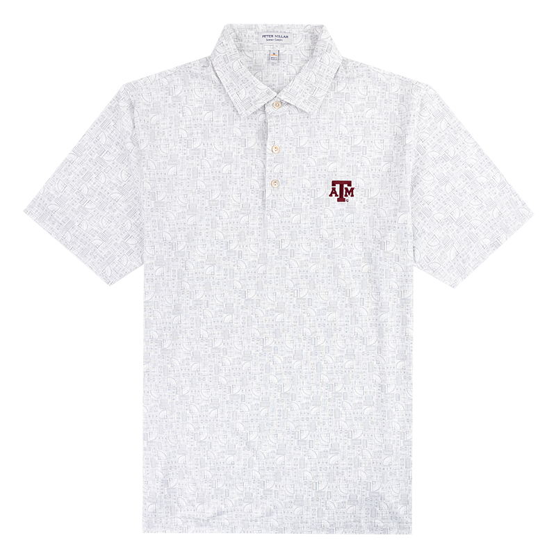 A light grey and white design polo with a maroon A&M logo on the left chest. There are three neutral colored buttons going down the front.