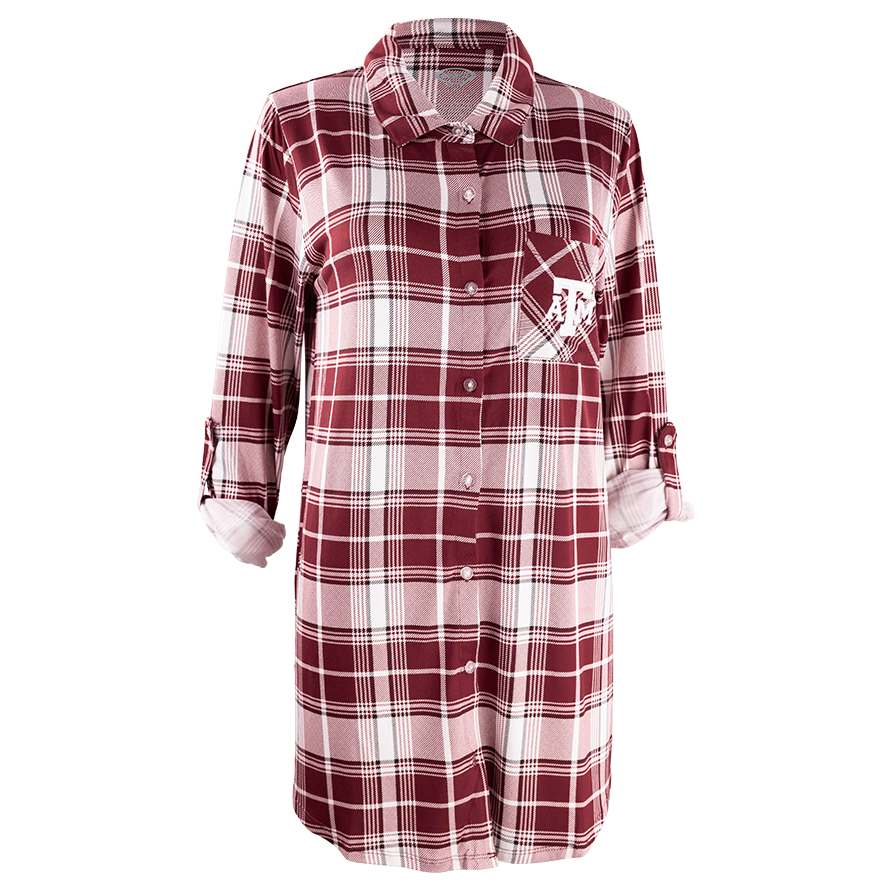 Maroon and white plaid nightshirt gown with white ATM logo on the left pocket.