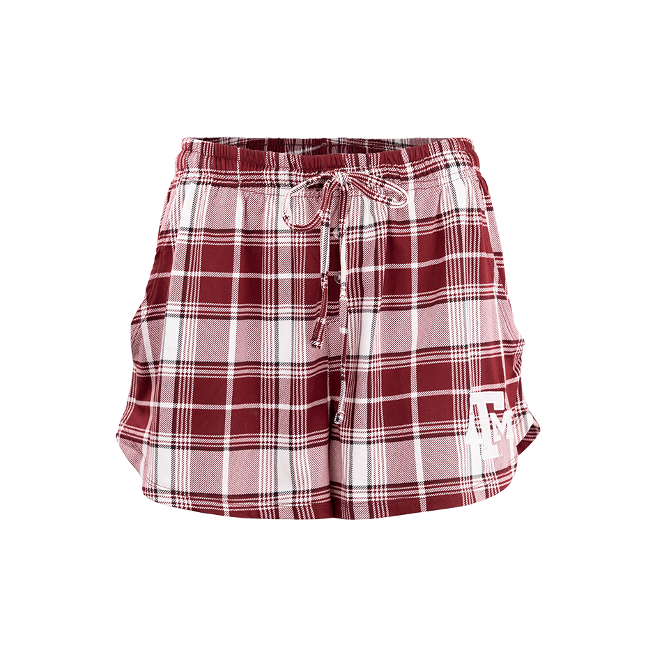 Maroon and white plaid sleep shorts with white ATM logo on the left pant leg.