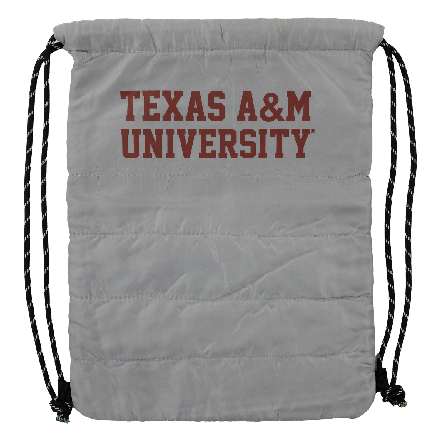 Grey drawstring bag with maroon TEXAS A&M UNIVERSITY text