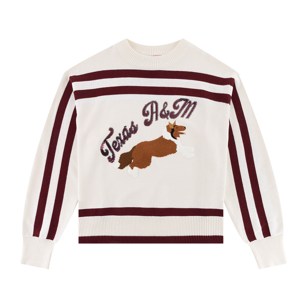 White sweater with maroon stripes and "Texas A&M" sequined in maroon. Reveille is on the front.