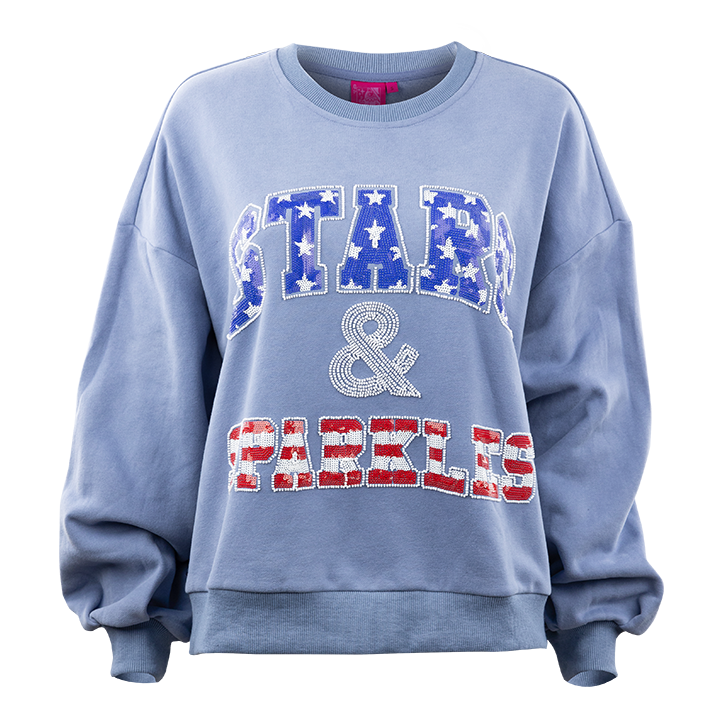 Light Blue sweater with stars and sparkles lettering with American flag  