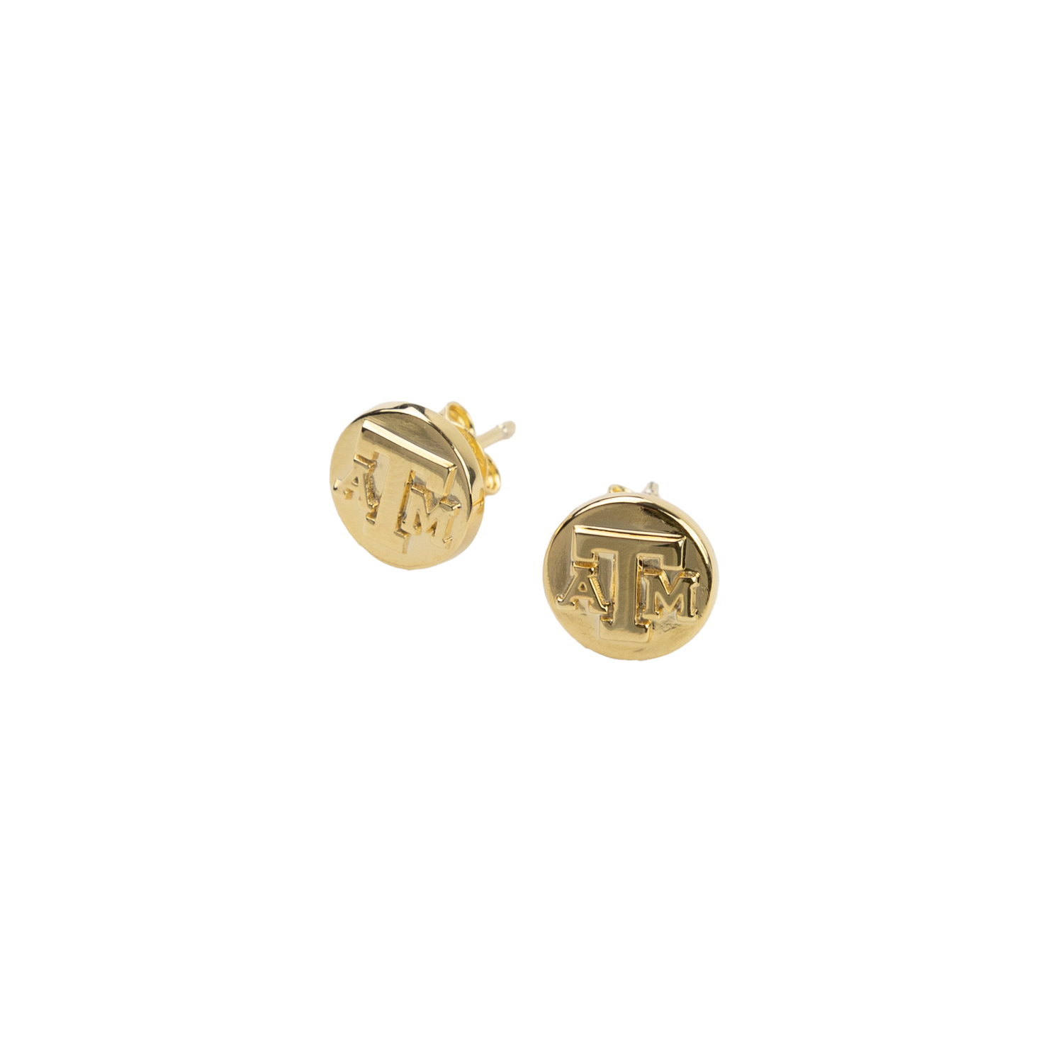 Gold circular stud earrings. A&M is printed on the front in gold block raised lettering. 