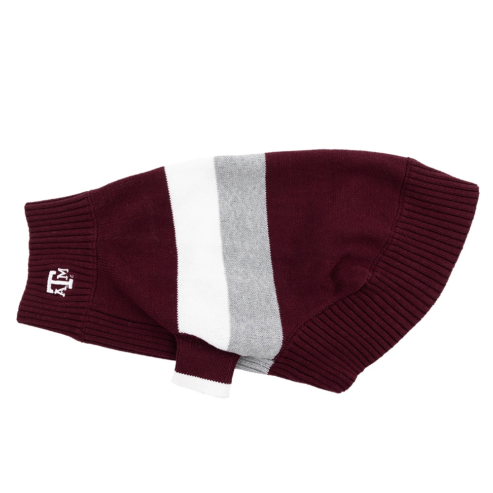 Maroon, gray, and white puppy sweater with white ATM logo.