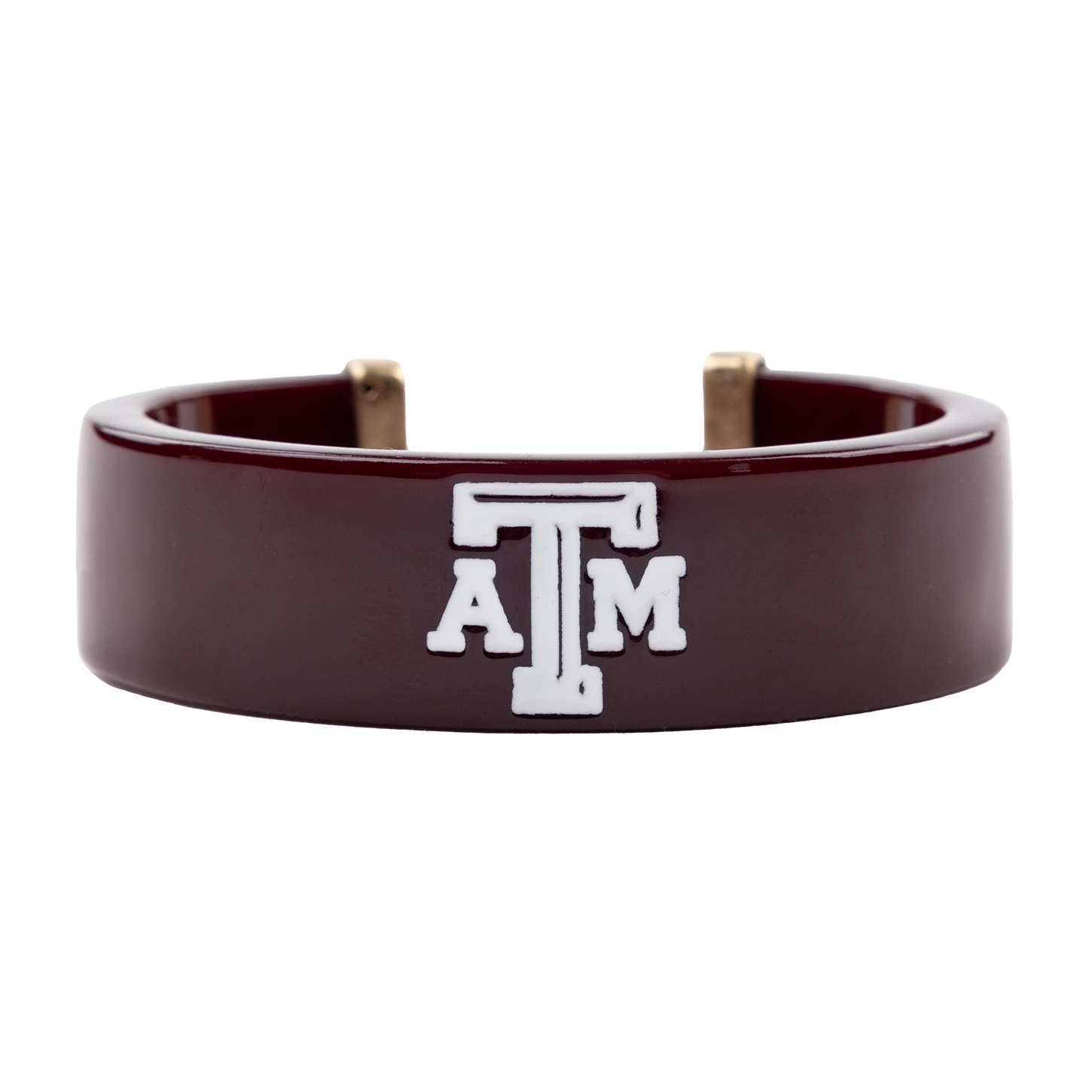 A maroon cuff style bracelet. The ends of the bracelet are gold and there is a white A&M logo in the center of the bracelet. 