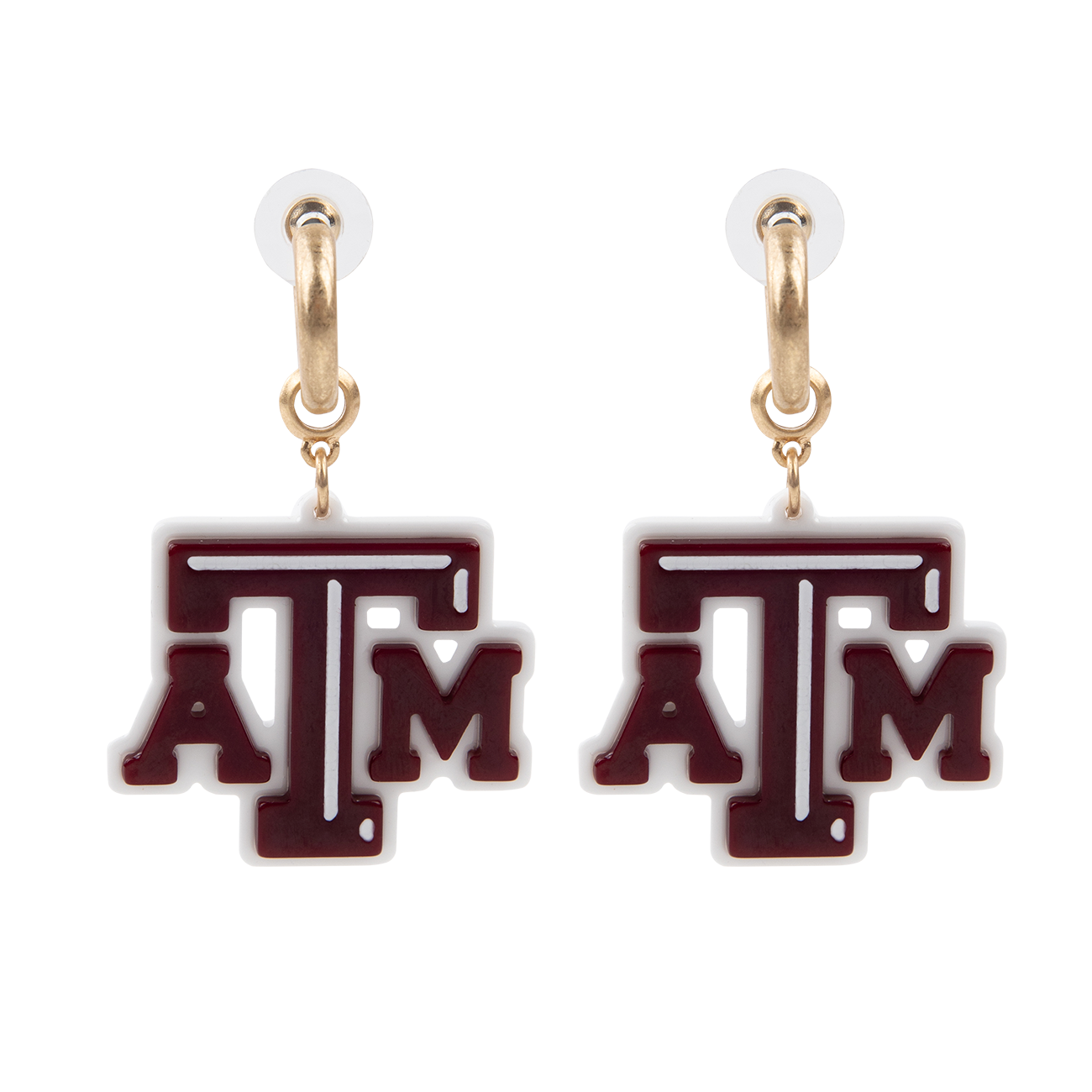 Gold hoop earrings with maroon ATM logos