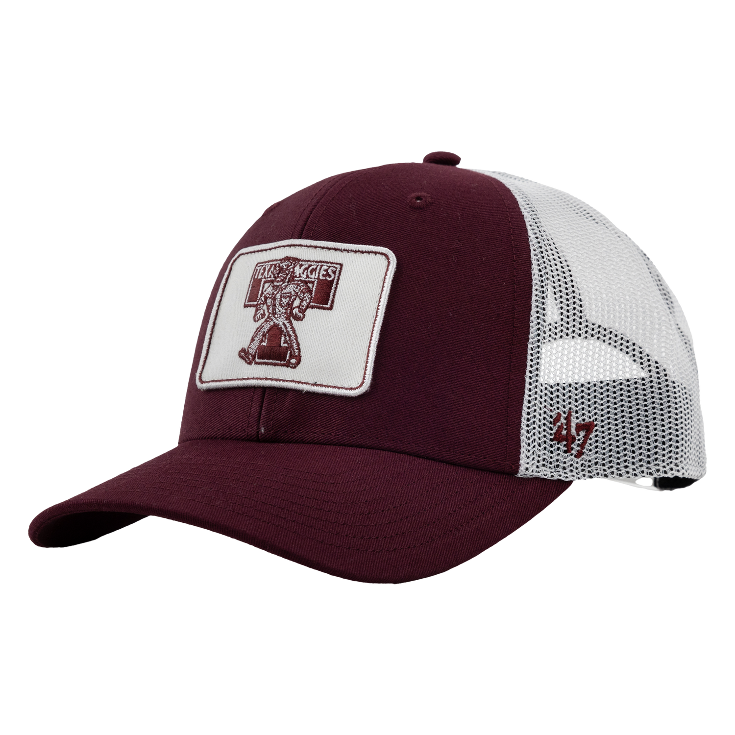 White hat with maroon front and bill and Ol Sarge Decal