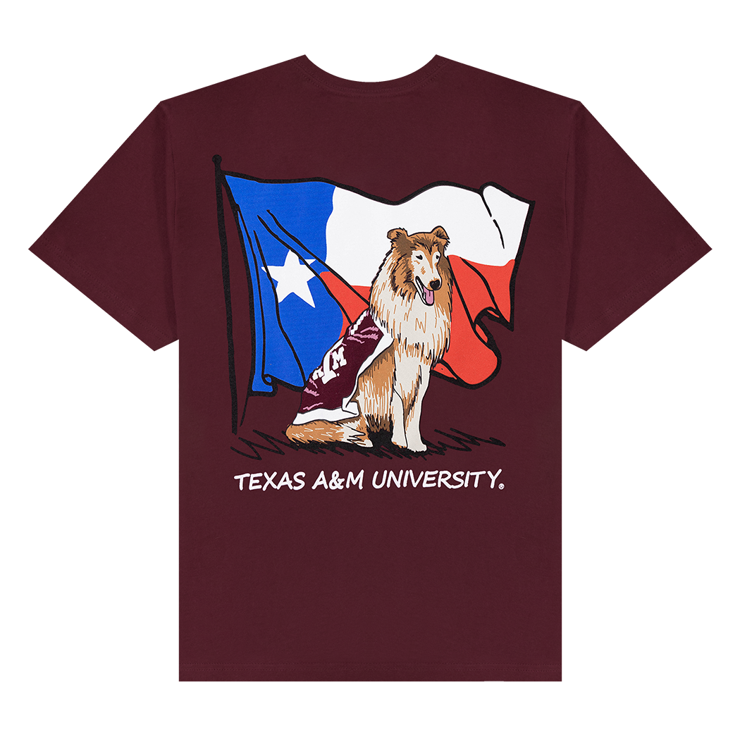 Maroon back of t-shirt with Texas flag and Reveille.