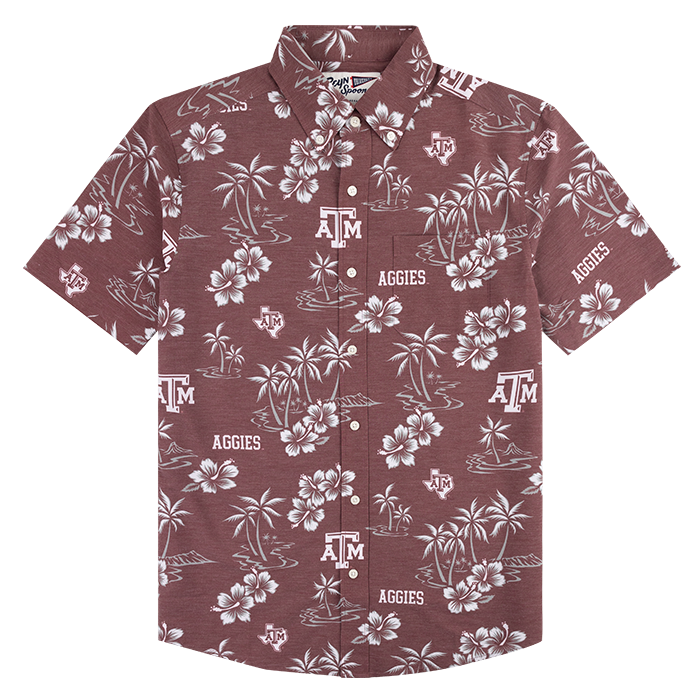 Maroon button down with white Hawaiian design and white ATM logos