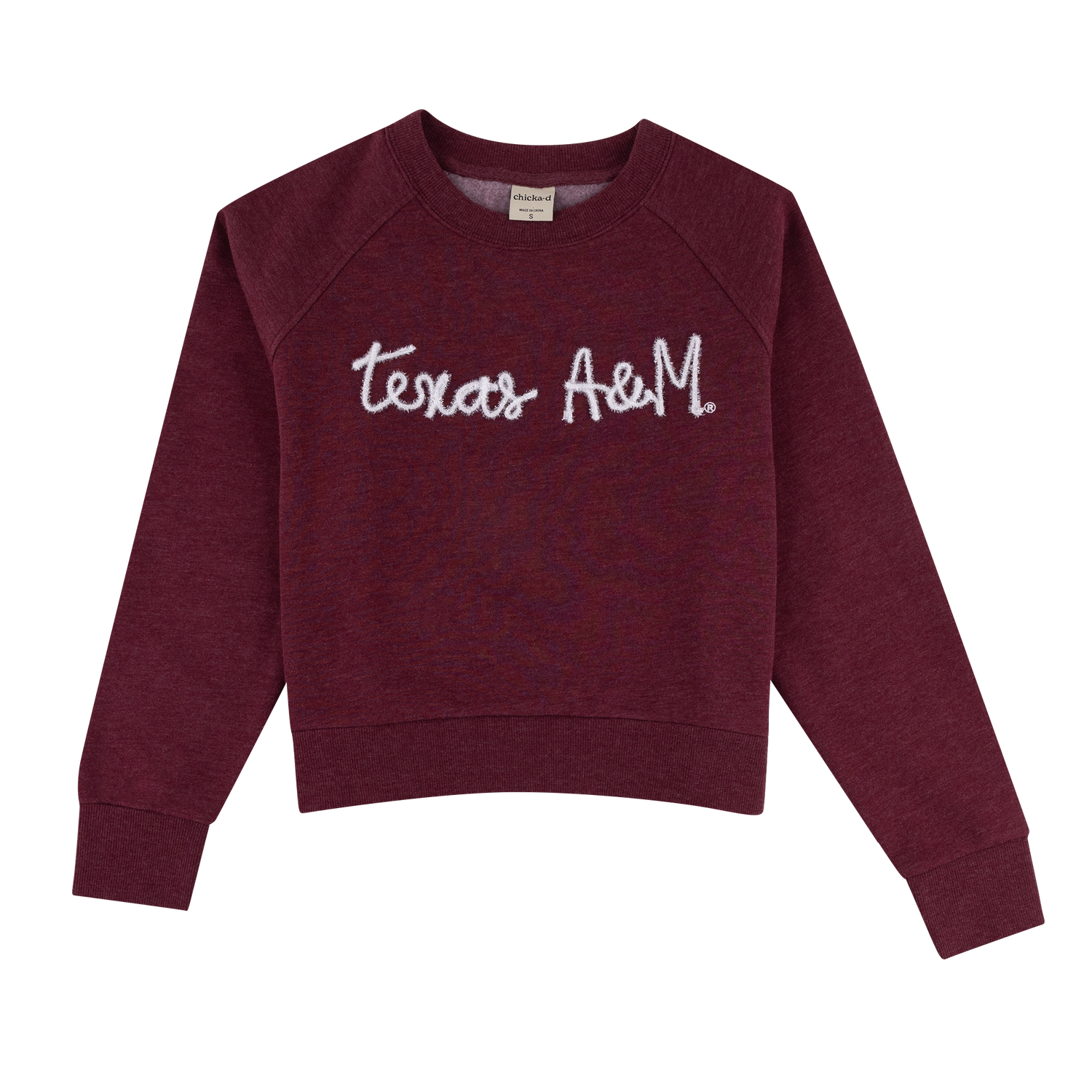 Maroon pullover with "Texas A&M" in white rope.