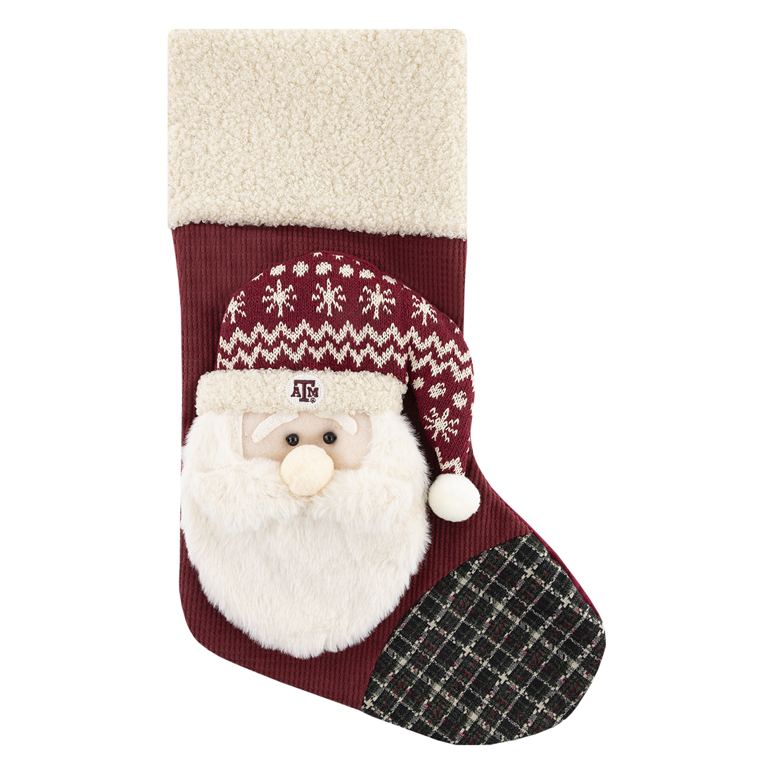 Maroon, cream, and plaid stocking with Santa wearing a Texas A&M Santa hat