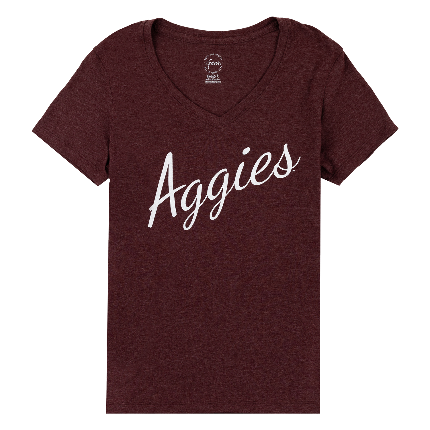 Maroon v-neck with "Aggies" cursive print