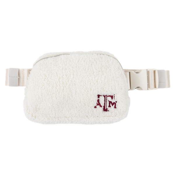 White Sherpa fanny pack with maroon Texas A&M Logo