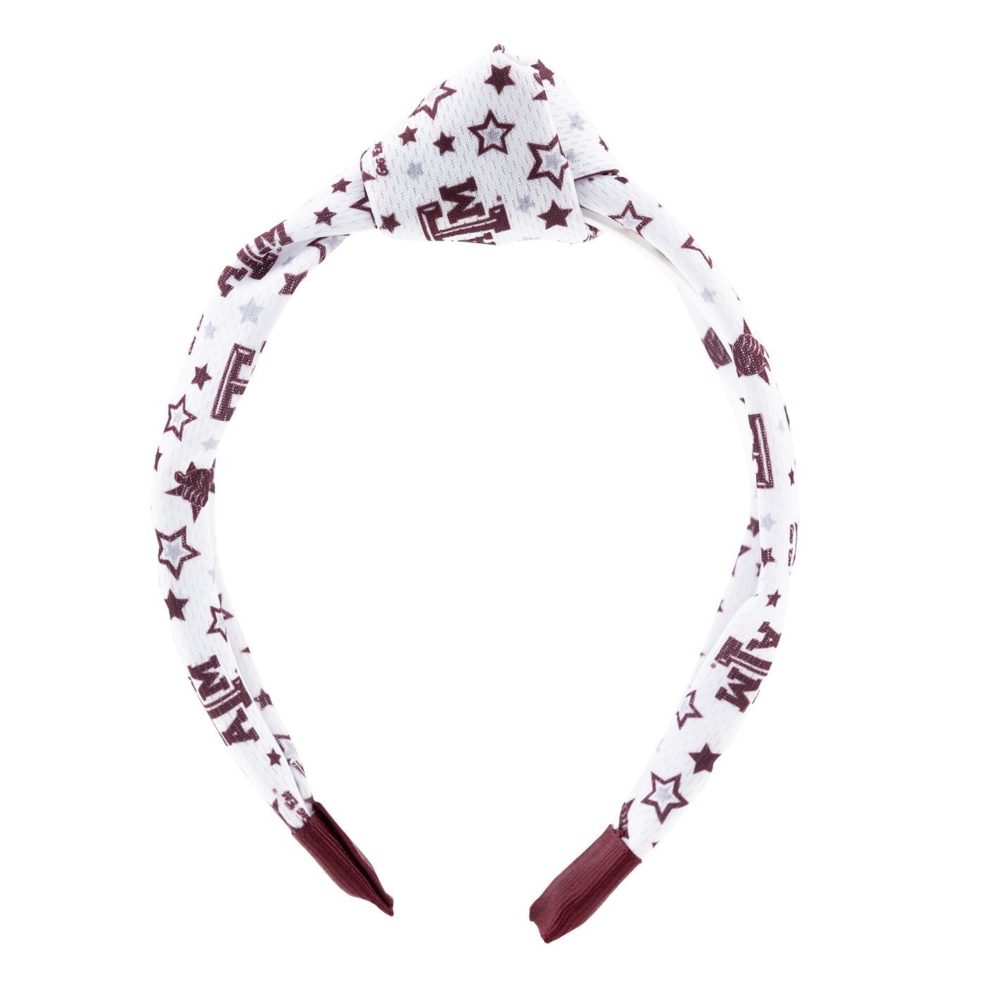 A White Headband with a knot on the top with Maroon ends, stars and A&M logo