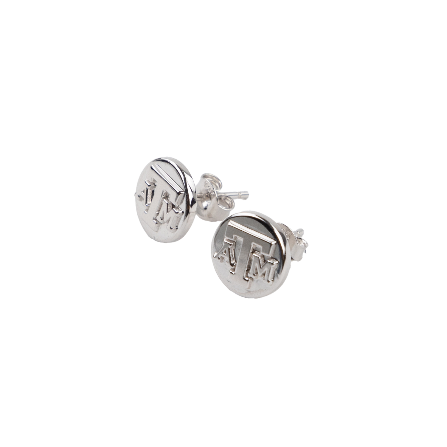 Silver circular stud earrings. A&M is on the front of the earrings in a raised font. 