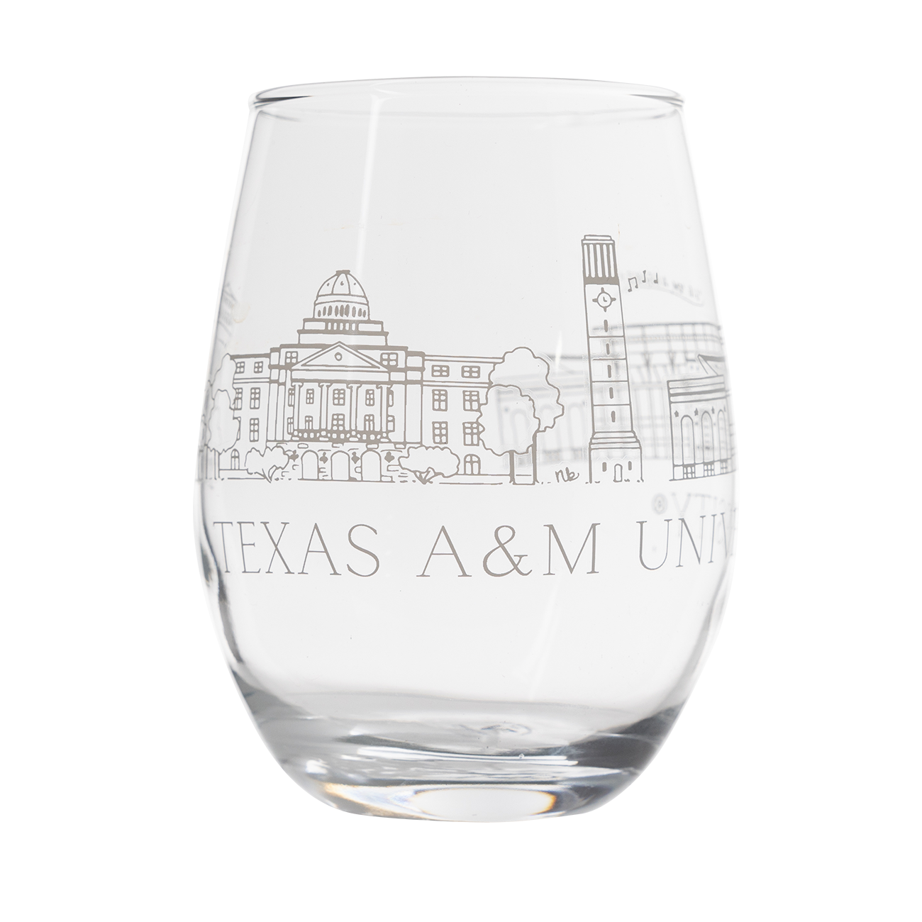 12oz wine glass with Texas A&M University skyline.