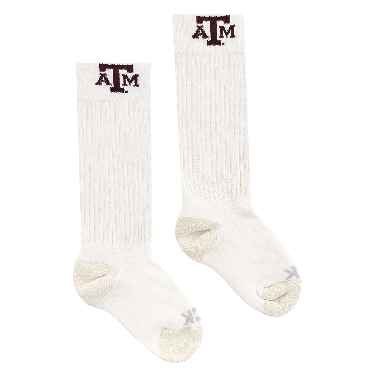 Off-white slouch crew socks with maroon ATM logo