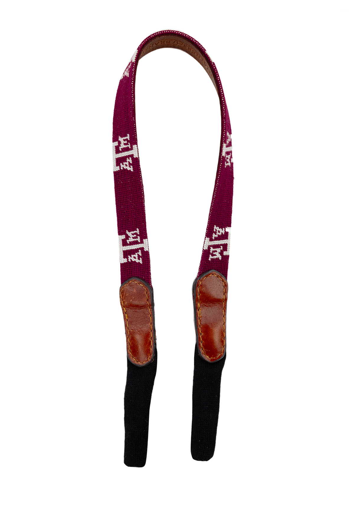 A maroon sunglass strap with white A&M logos printed throughout