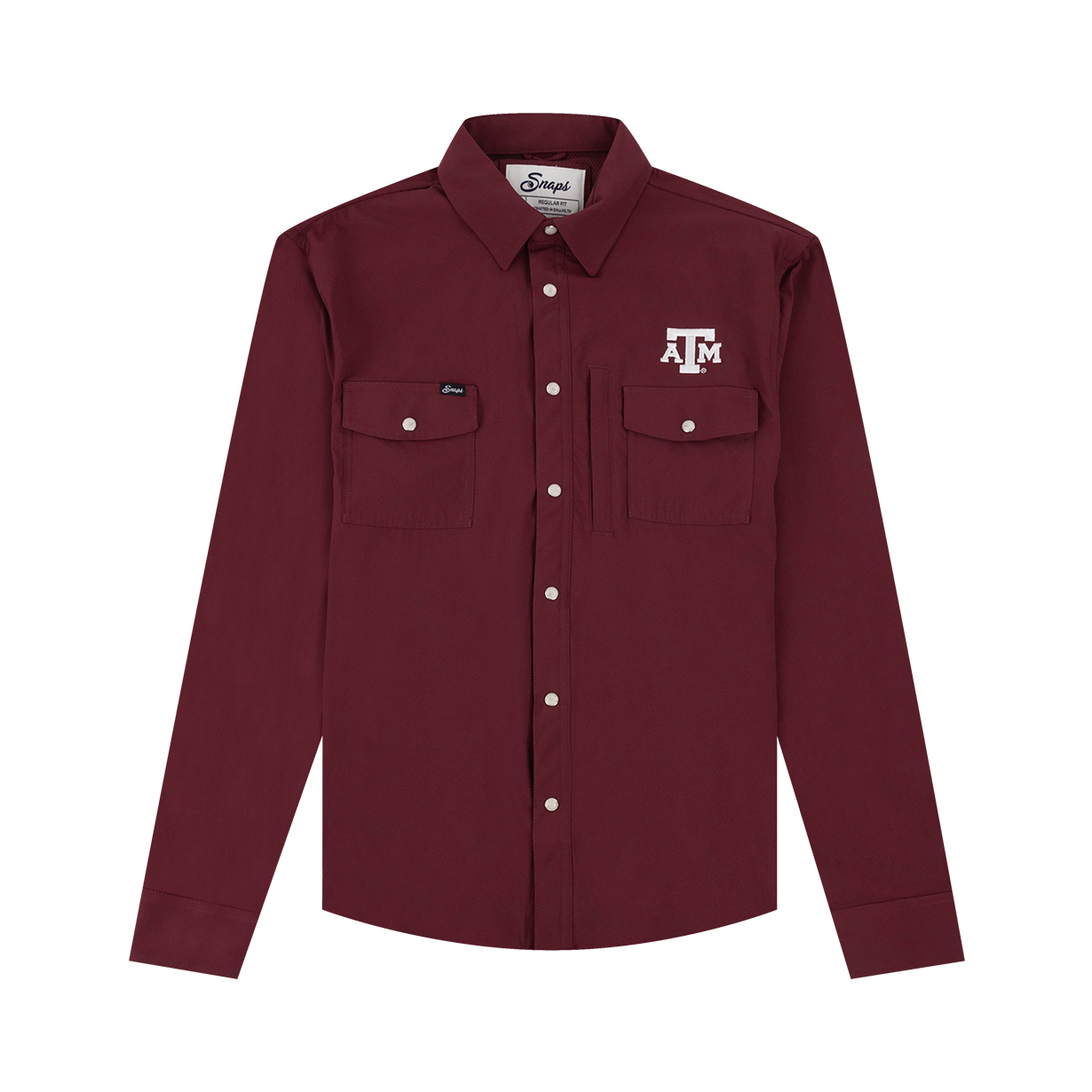 Maroon long sleeve tailgater with white ATM logo on left side of chest