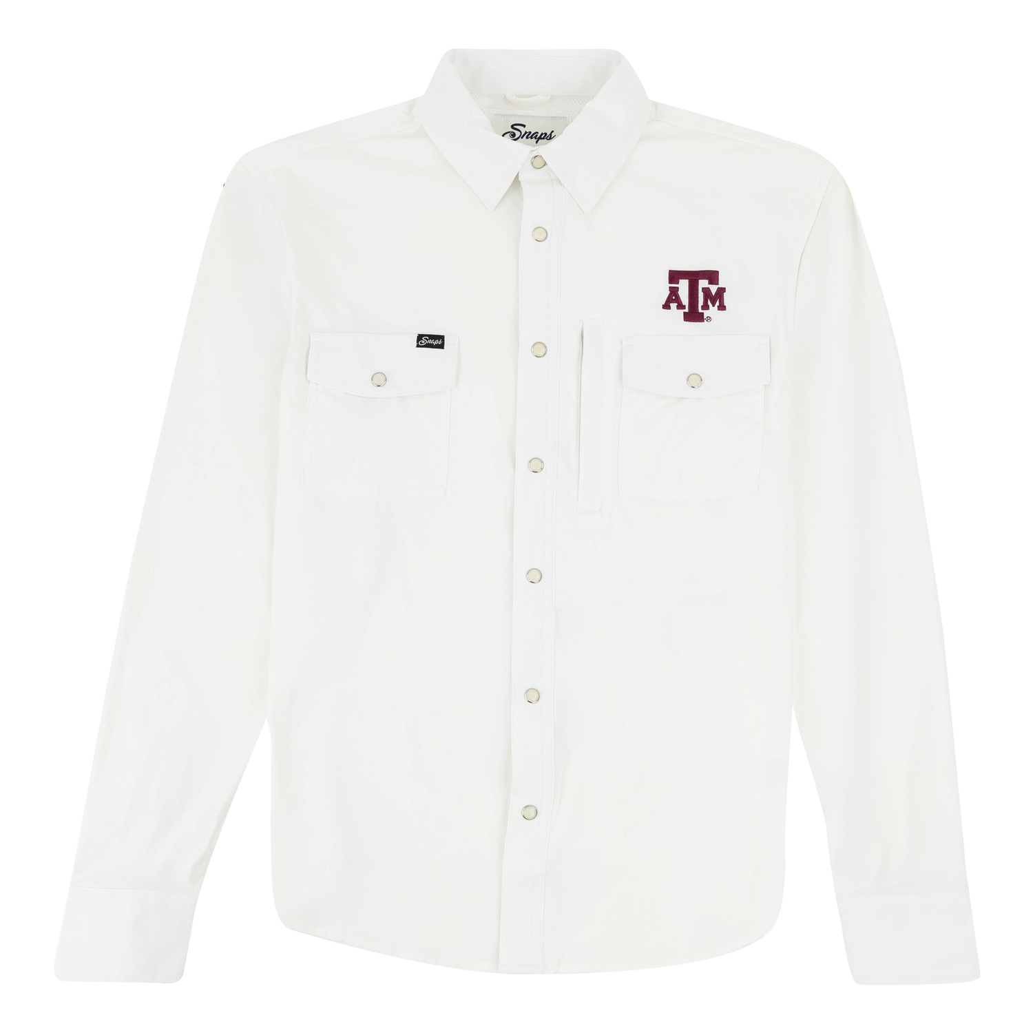 White long sleeve button down with maroon ATM logo on the left side of the chest