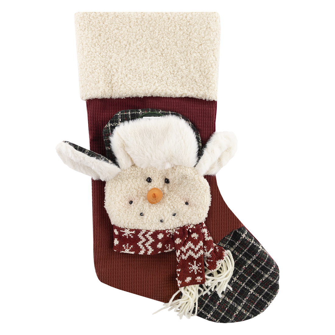 Maroon, cream, and plaid stocking with a snowman wearing a Texas A&M hat