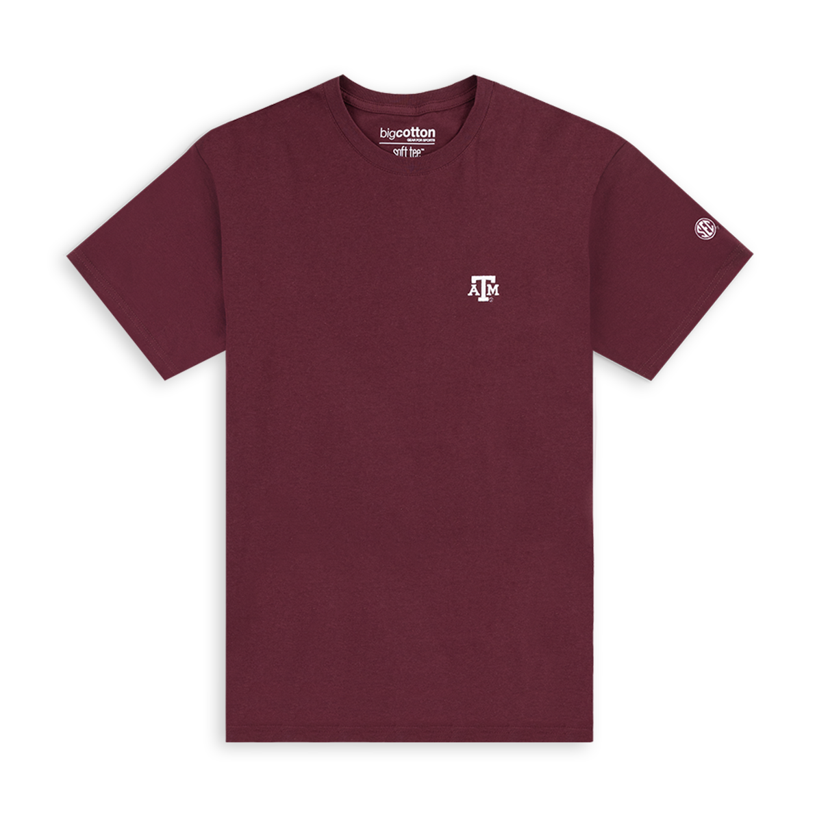 Maroon t-shirt with white ATM logo on left side of the chest. White SEC logo on the left sleeve.