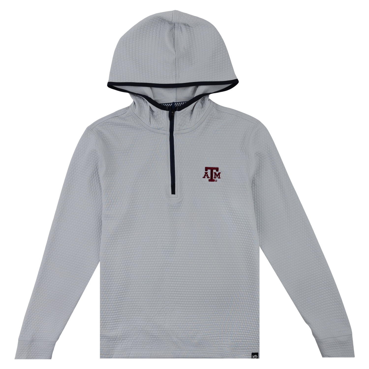 A grey quarter zip jacket. The zipper is black. A maroon 'A&M' is printed on the left chest. 