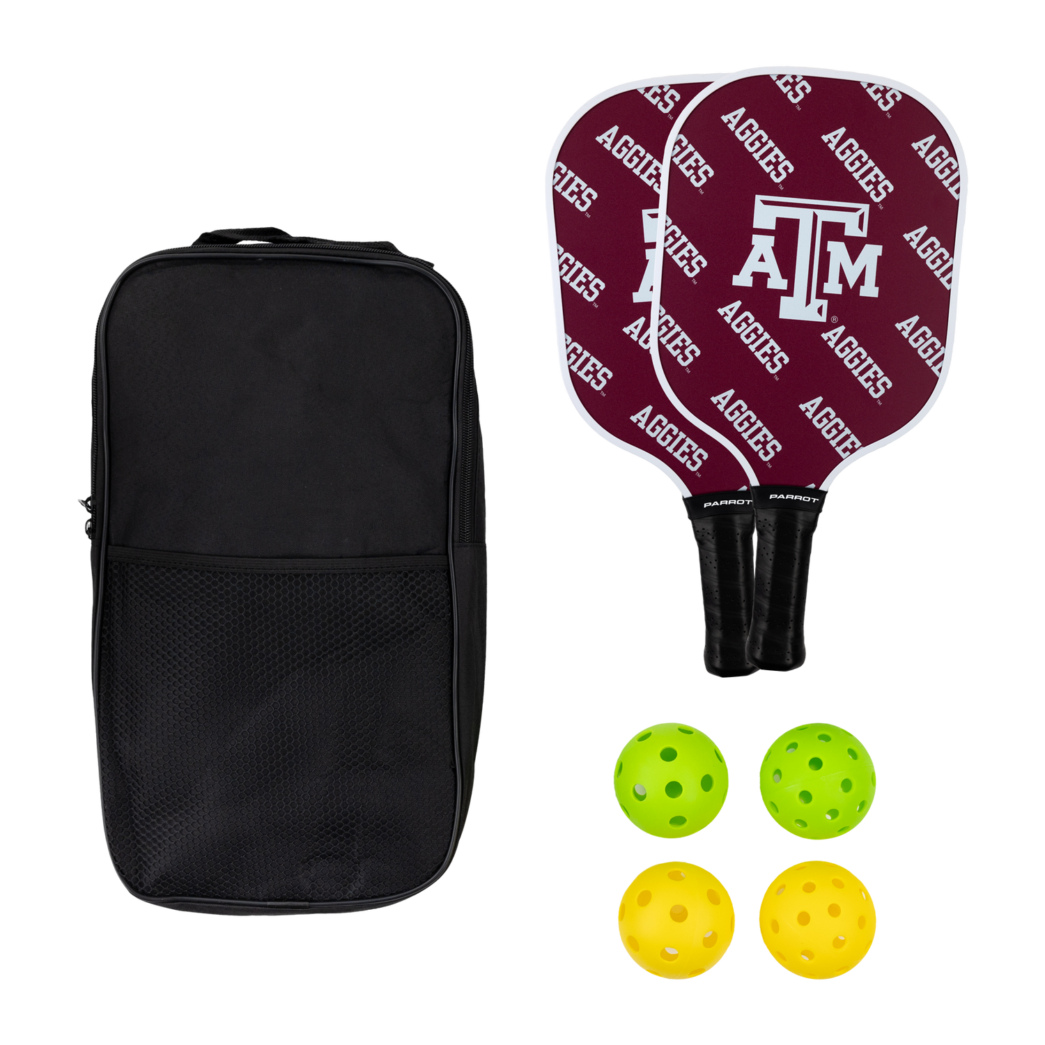 Maroon Texas A&M Pickle ball set with yellow and green balls, and black case