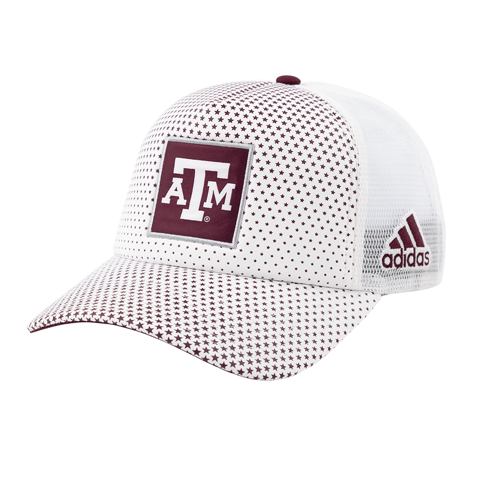 A white Adidas trucker hat with maroon stars on the front. There is a maroon square patch in the middle of the hat with a white A&M logo on top. The Adidas logo is maroon and located on the left side of the hat. 