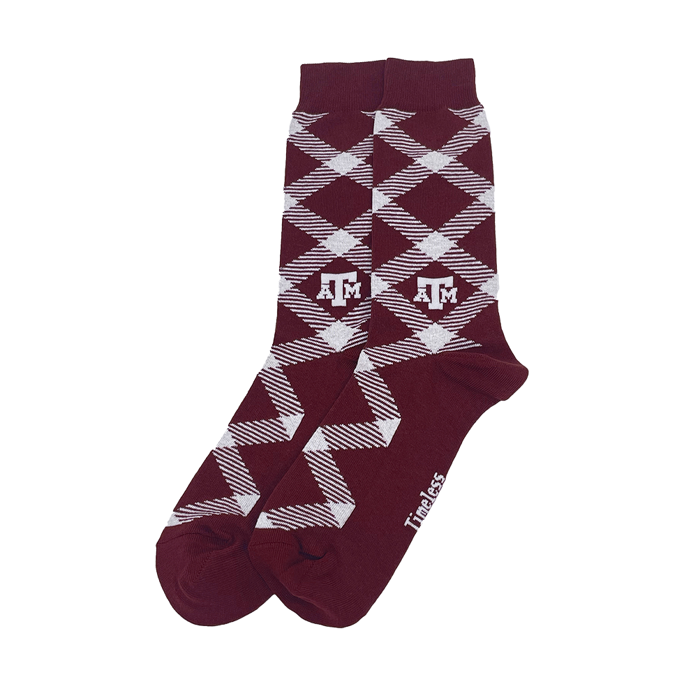 Maroon socks with white striped pattern