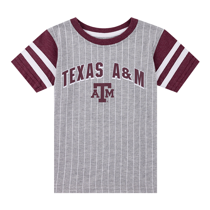 Gray tee with white pinstripes and "Texas A&M" in maroon