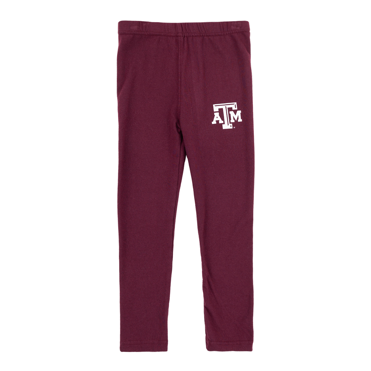 Maroon toddler's leggings with white ATM logo on left pant leg.