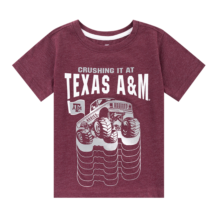 Maroon t-shirt with a graphic of a truck and "Crushing it at Texas A&M" in gray and white.