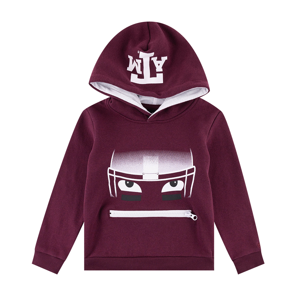 Maroon hoodie with game day face on the front and a white ATM logo on the hoodie,.