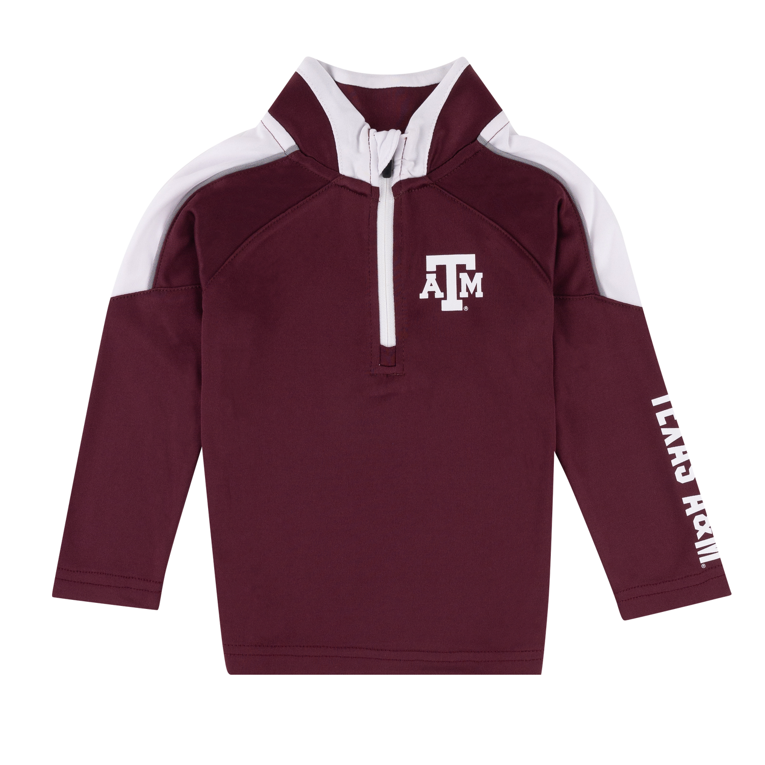 Maroon quarter zip with white ATM logo on the left side of the chest. "TEXAS A&M" down the sleeve in white.