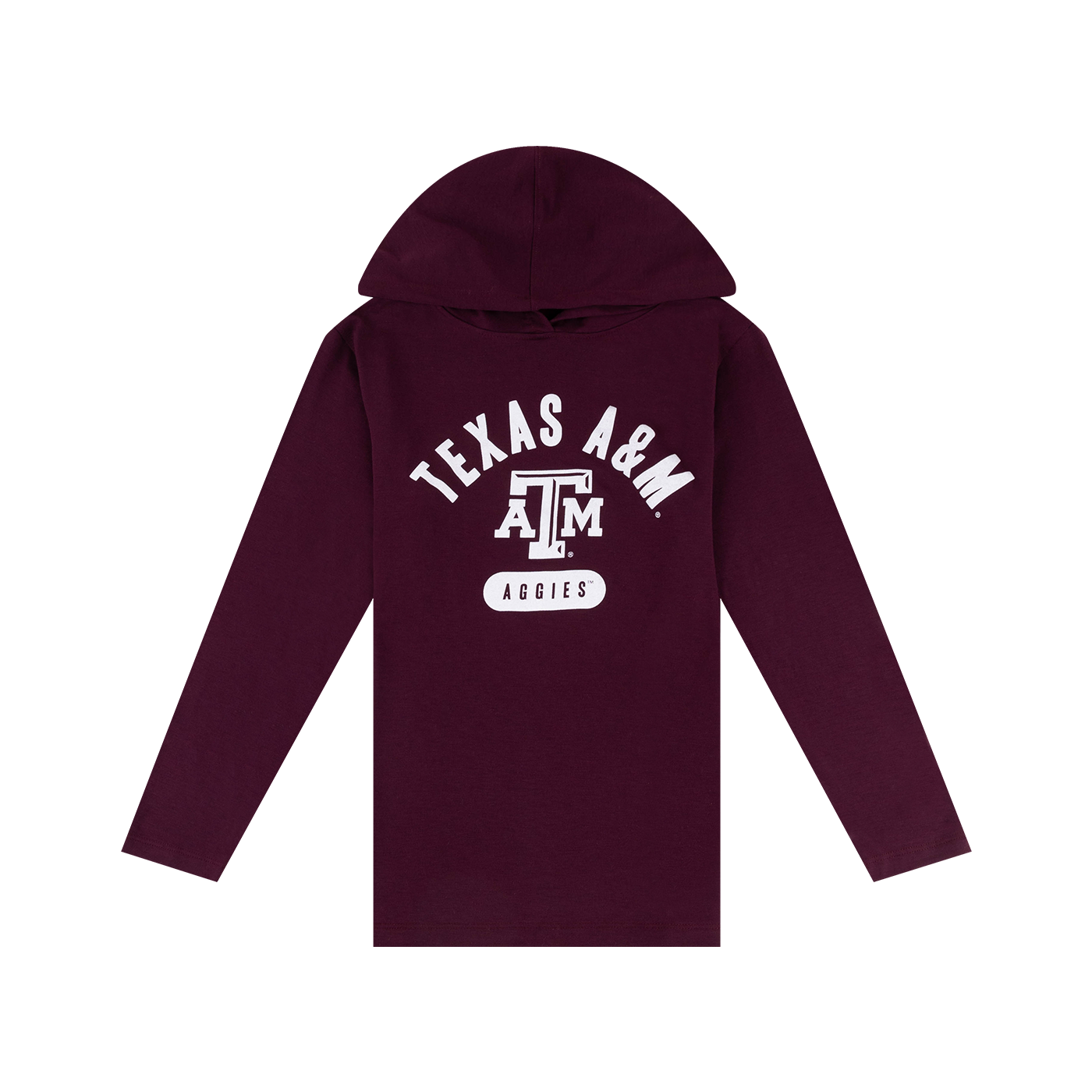 Maroon hooded long sleeve with "TEXAS A&M AGGIES" in white