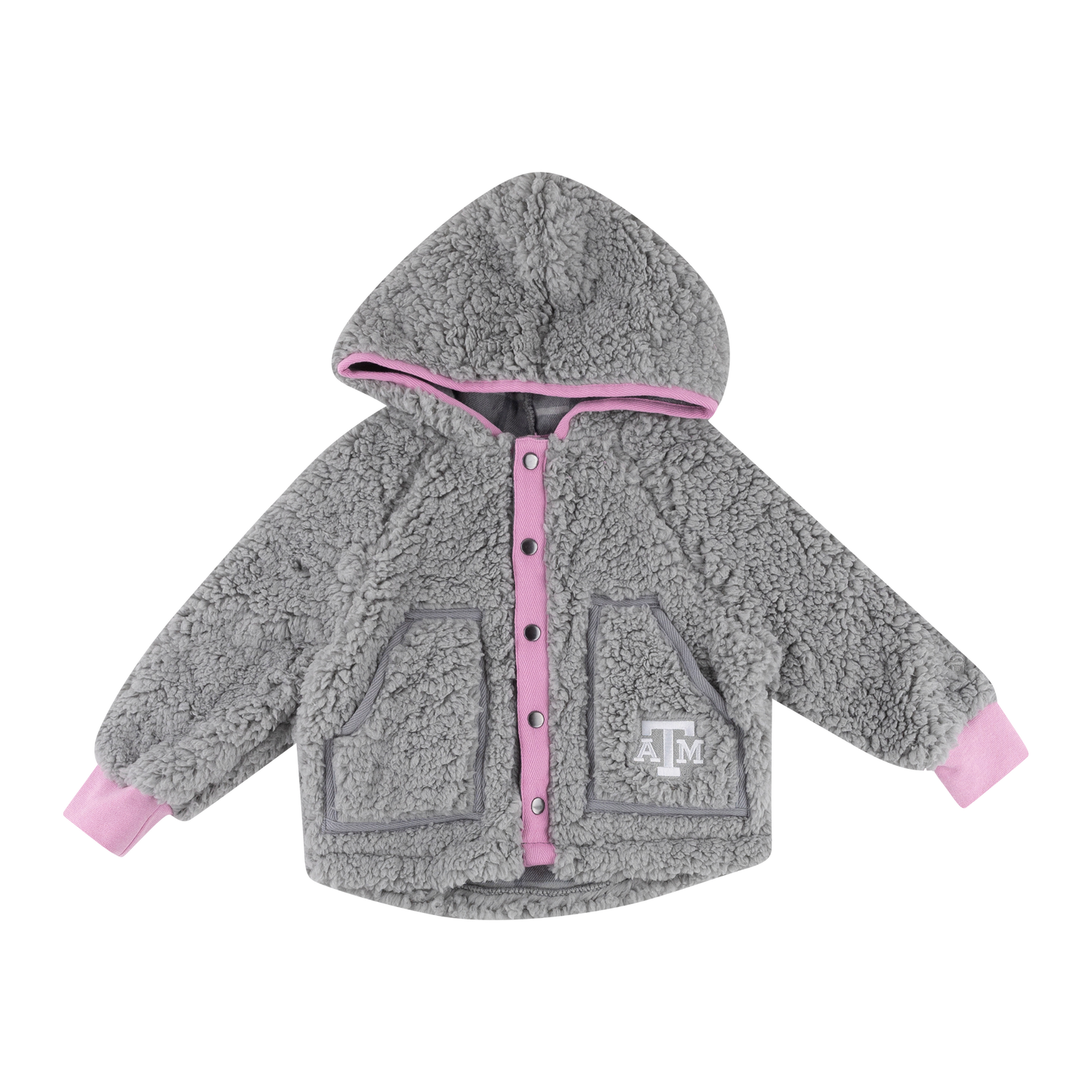 Gray sherpa jacket with pink accents. White ATM logo on the left pocket.