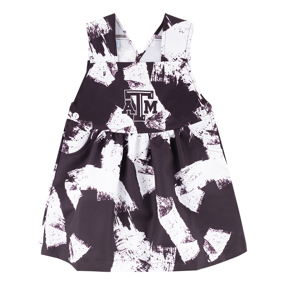 Maroon and white paint patterned overall dress with maroon ATM logo in the center