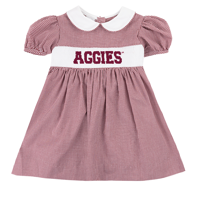 Maroon Checkered Youth Dress with White Band across chest with maroon "AGGIES" text in center