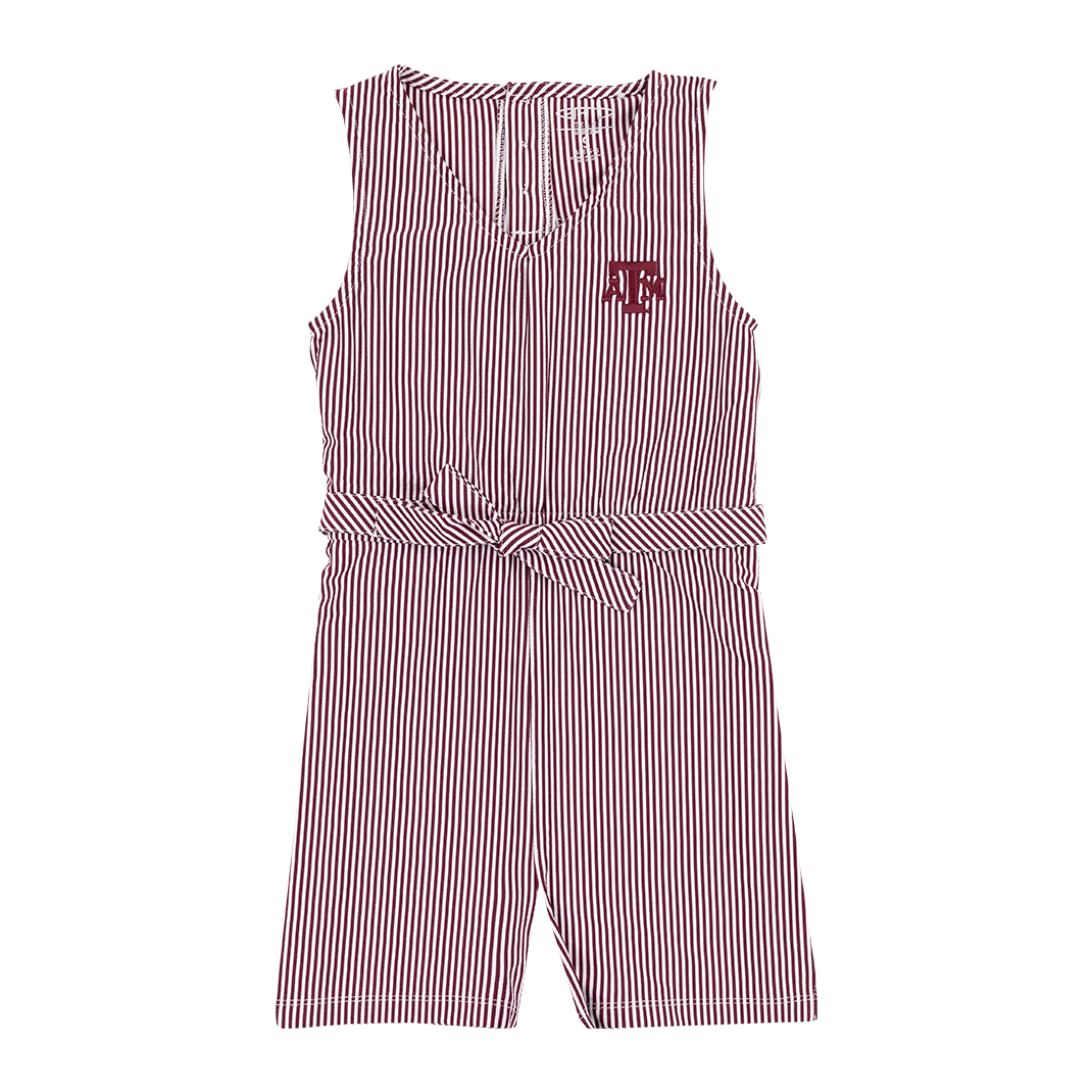 Maroon and white striped toddler's romper with tie in the front. Maroon ATM logo on the left side of the chest.