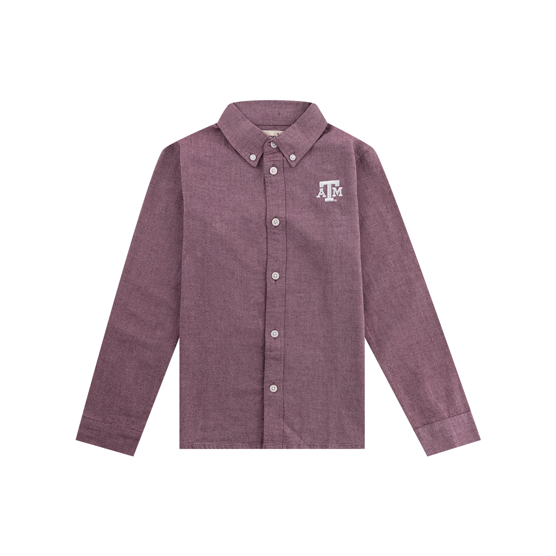 Maroon toddler's button down with with white ATM logo on the left side of the chest.