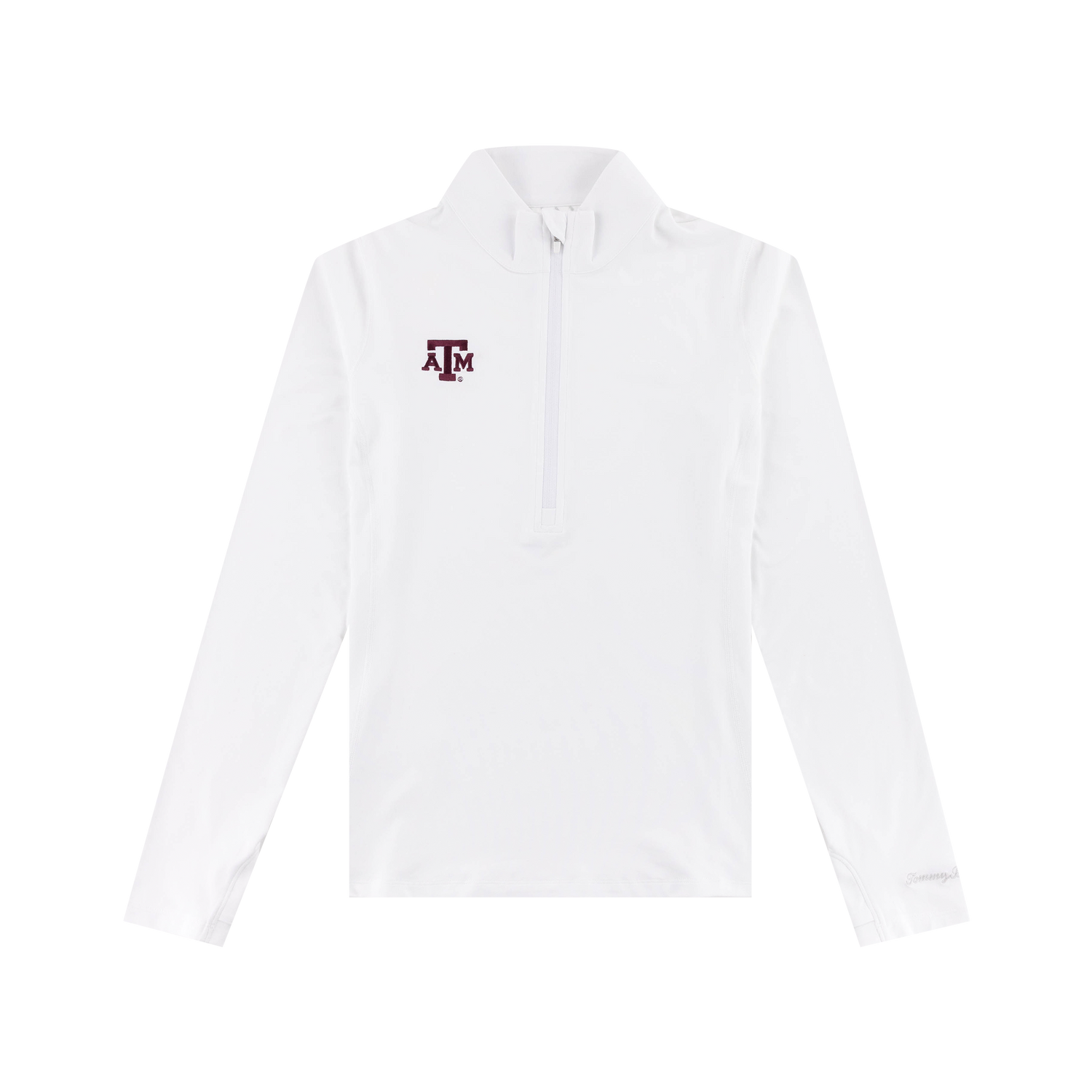 White half zip with maroon ATM logo on the right side of the chest.