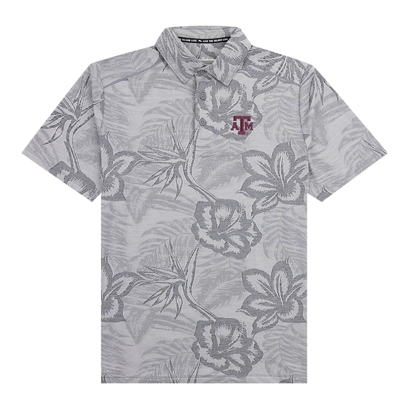 Gray Hawaiian polo with maroon ATM logo on the left side of the chest.