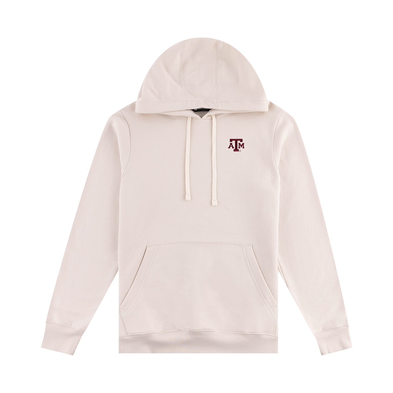 Off-white cloud hoodie with maroon ATM logo on the left side of the chest.