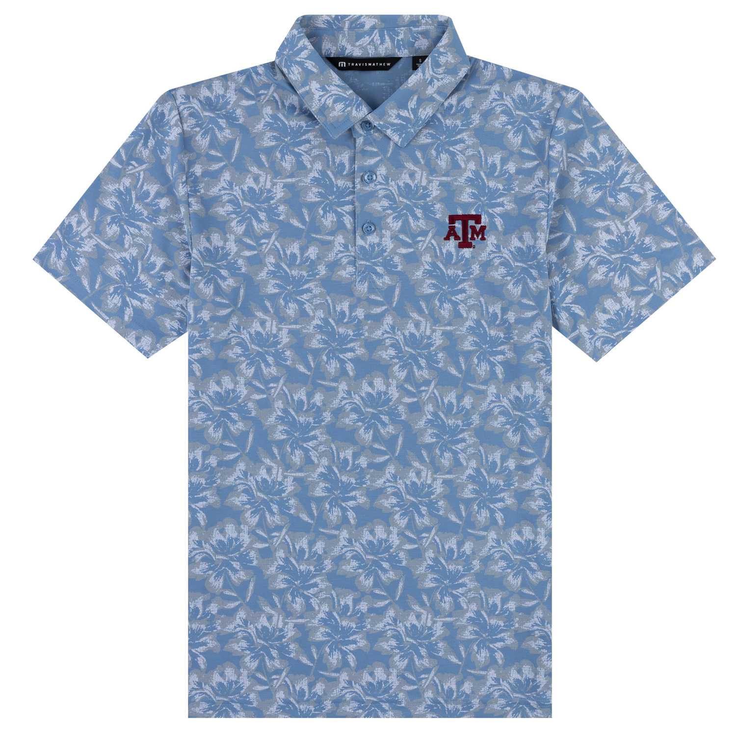 Blue floral patterned polo with maroon ATM logo