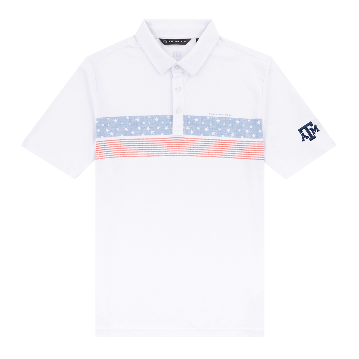 White polo with blue and white stripes across the chest similar to the US flag, and navy ATM logo on sleeve